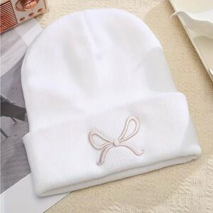Embroidered Bow Beanie Hat